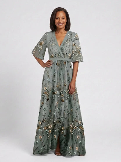 Women's green floral wrap maxi dress with V-neck and short sleeves
