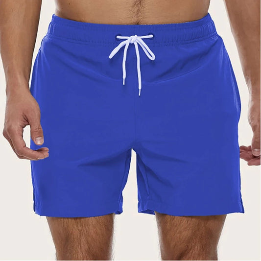 Men's solid swim shorts with elasticated drawstring waist and side pockets