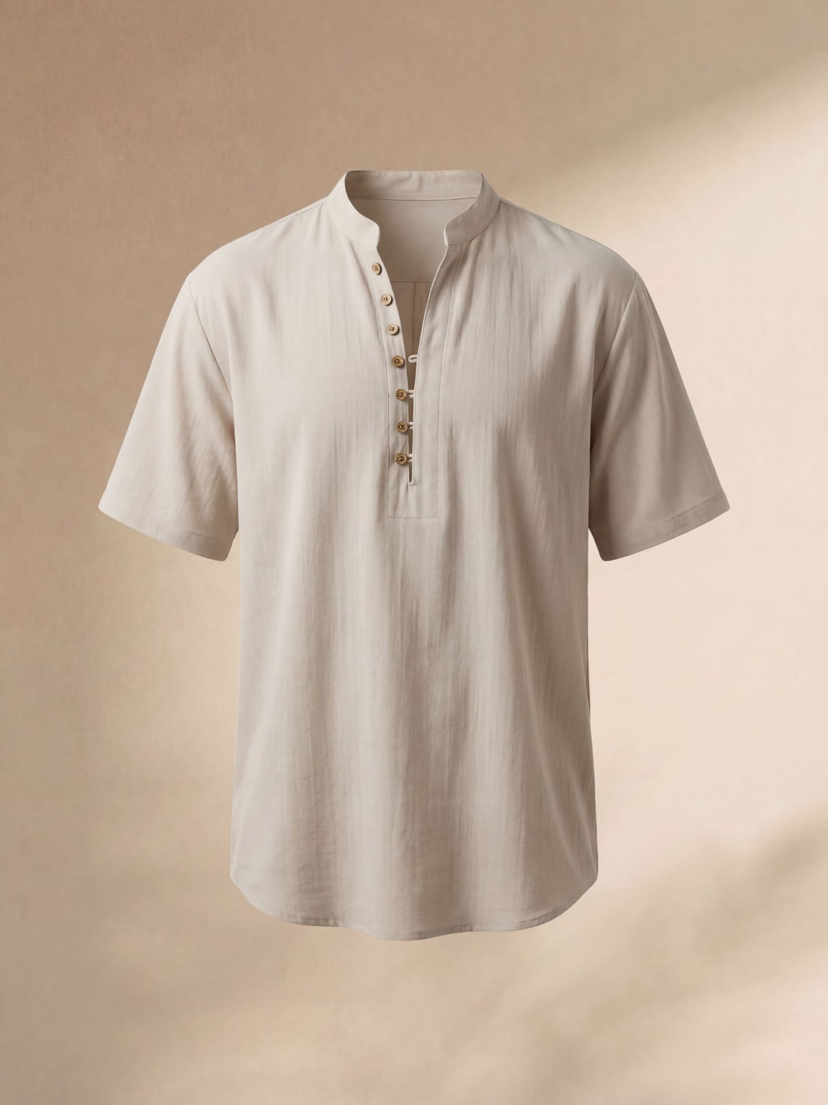 Men's short sleeve mandarin collar shirt with button placket