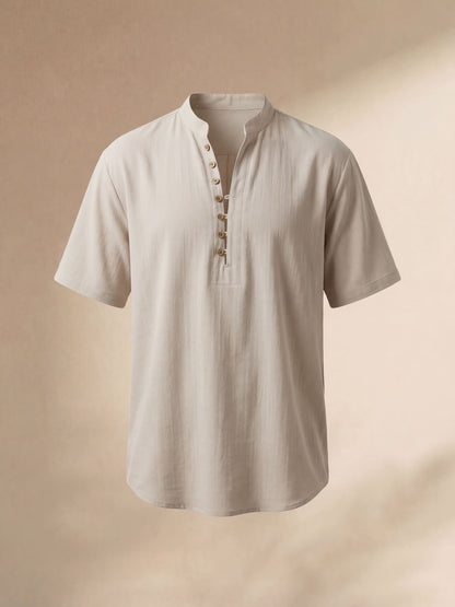 Men's short sleeve mandarin collar shirt with button placket