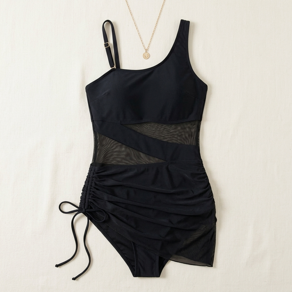 Ruched mesh one-piece swimsuit with scoop neckline and short overlay skirt