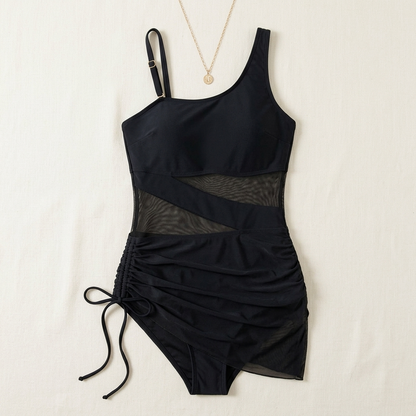 Ruched mesh one-piece swimsuit with scoop neckline and short overlay skirt