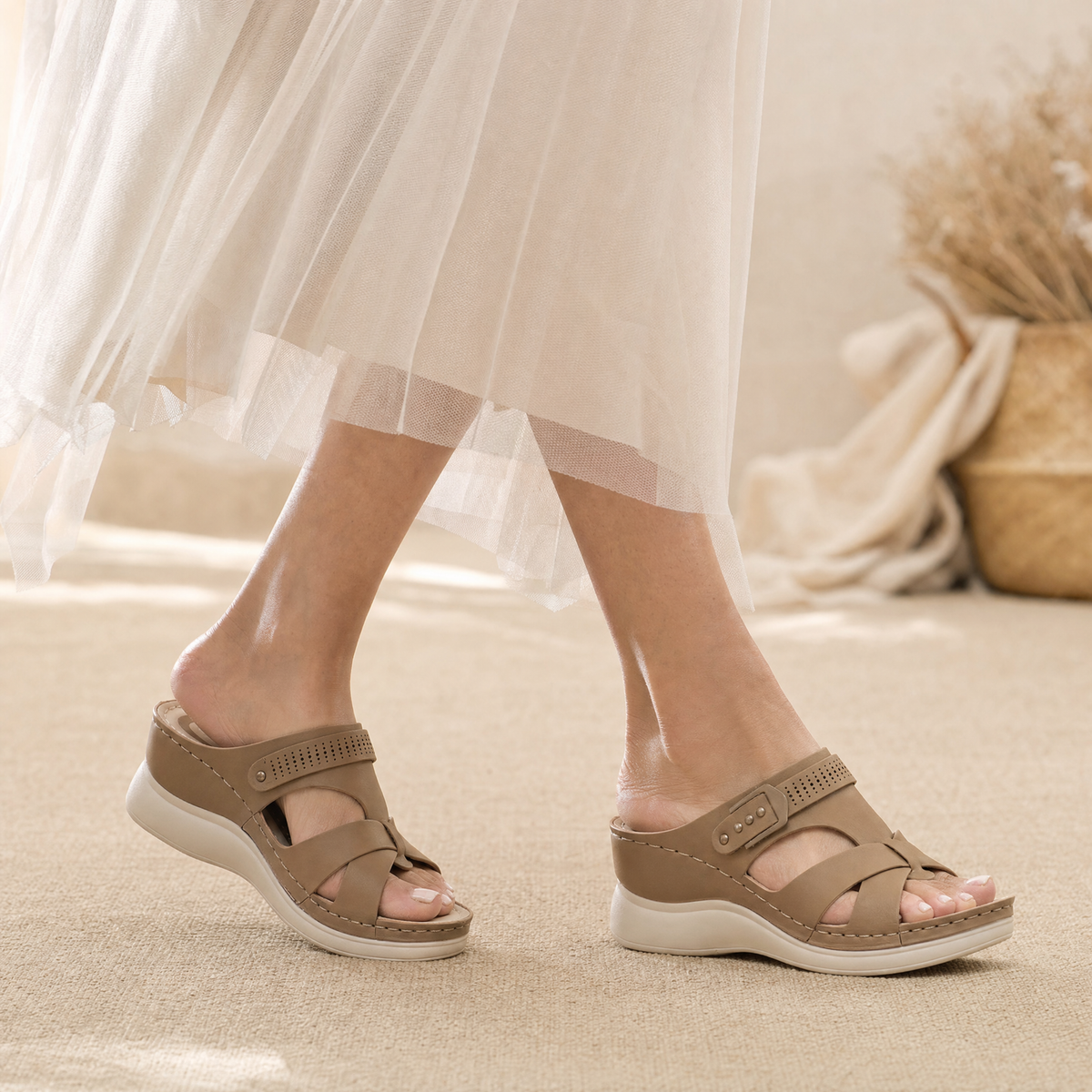 Women's open-toe wedge sandals with crossover straps and ankle buckles