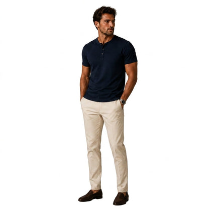 Men's plain short sleeve T-shirt with stand collar and three-button placket
