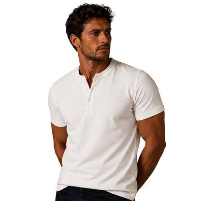 Men's plain short sleeve T-shirt with stand collar and three-button placket