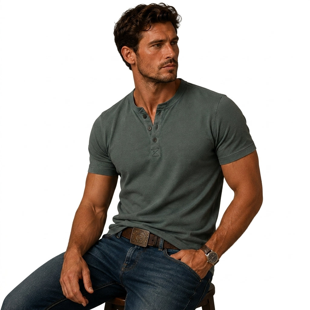 Men's plain short sleeve T-shirt with stand collar and three-button placket