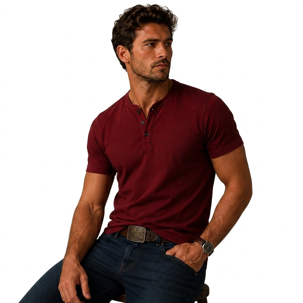 Men's plain short sleeve T-shirt with stand collar and three-button placket