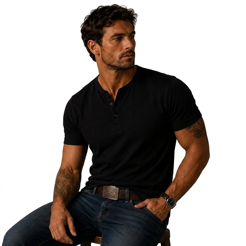 Men's plain short sleeve T-shirt with stand collar and three-button placket