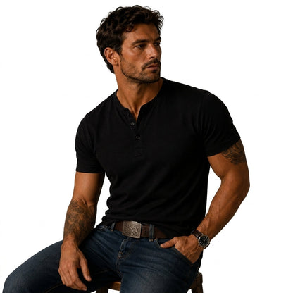 Men's plain short sleeve T-shirt with stand collar and three-button placket