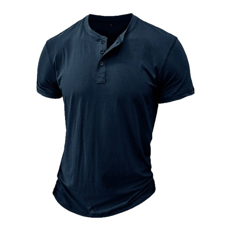 Men's plain short sleeve T-shirt with stand collar and three-button placket