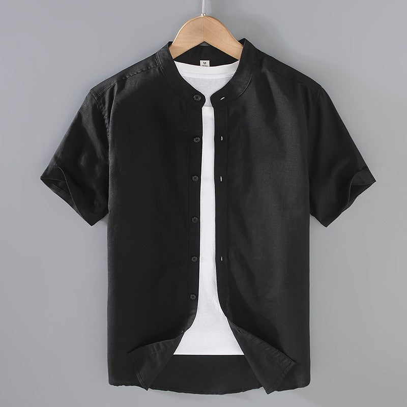 Men's short sleeve Mandarin collar shirt with button front and curved hem