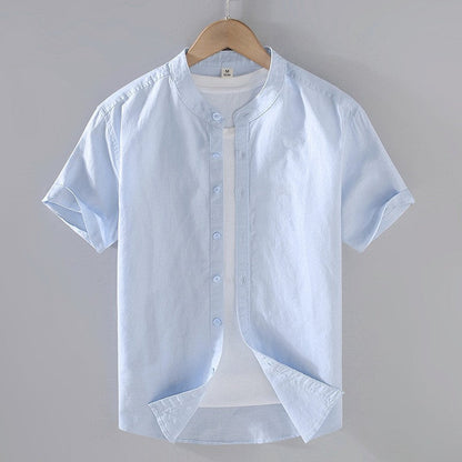 Men's short sleeve Mandarin collar shirt with button front and curved hem