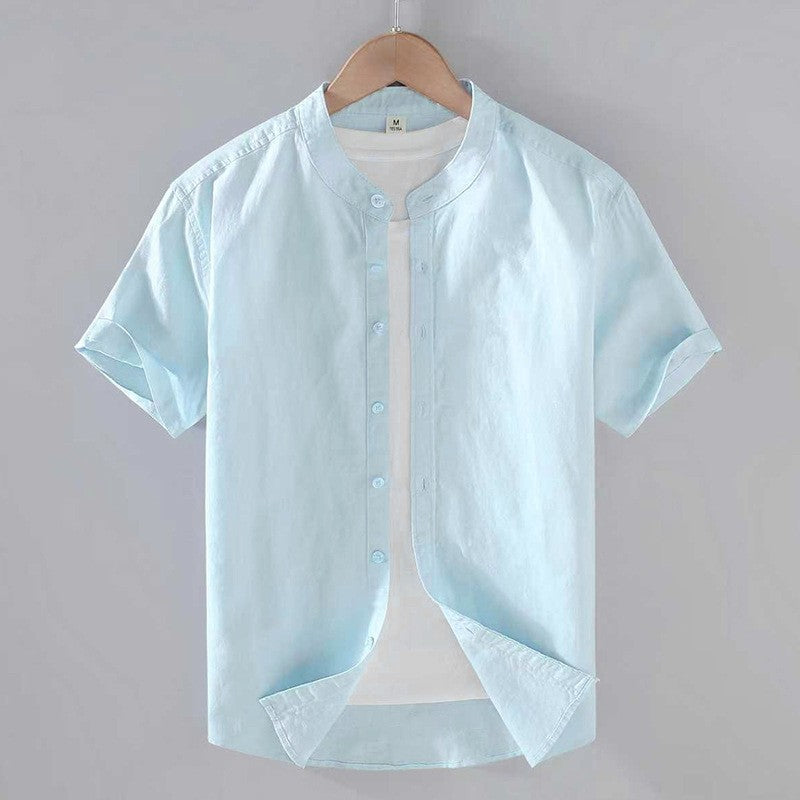 Men's short sleeve Mandarin collar shirt with button front and curved hem