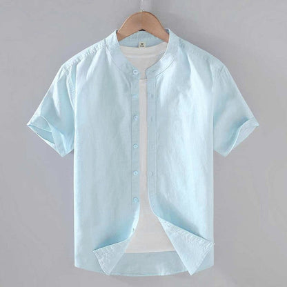 Men's short sleeve Mandarin collar shirt with button front and curved hem