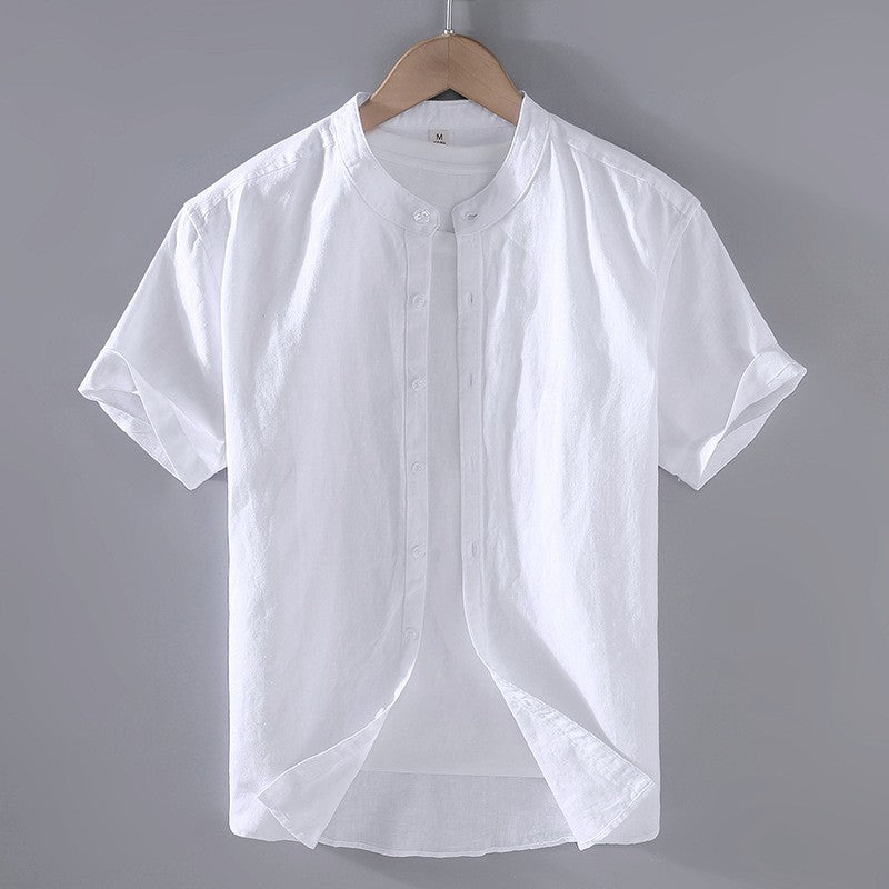 Men's short sleeve Mandarin collar shirt with button front and curved hem