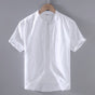 Men's short sleeve Mandarin collar shirt with button front and curved hem