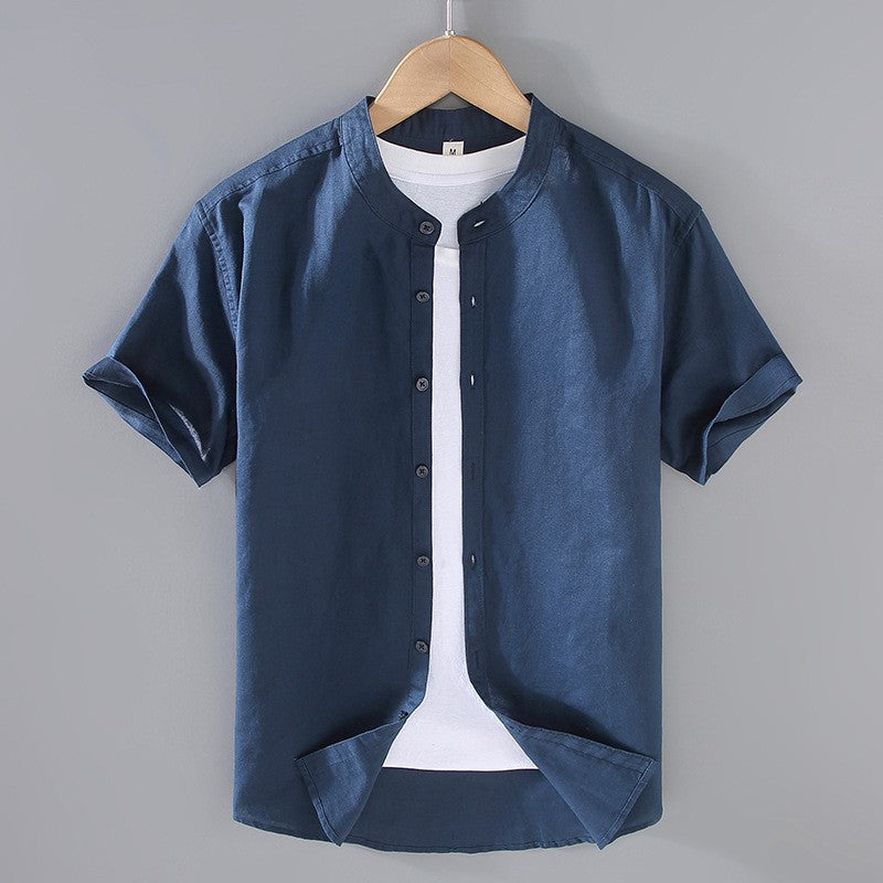 Men's short sleeve Mandarin collar shirt with button front and curved hem