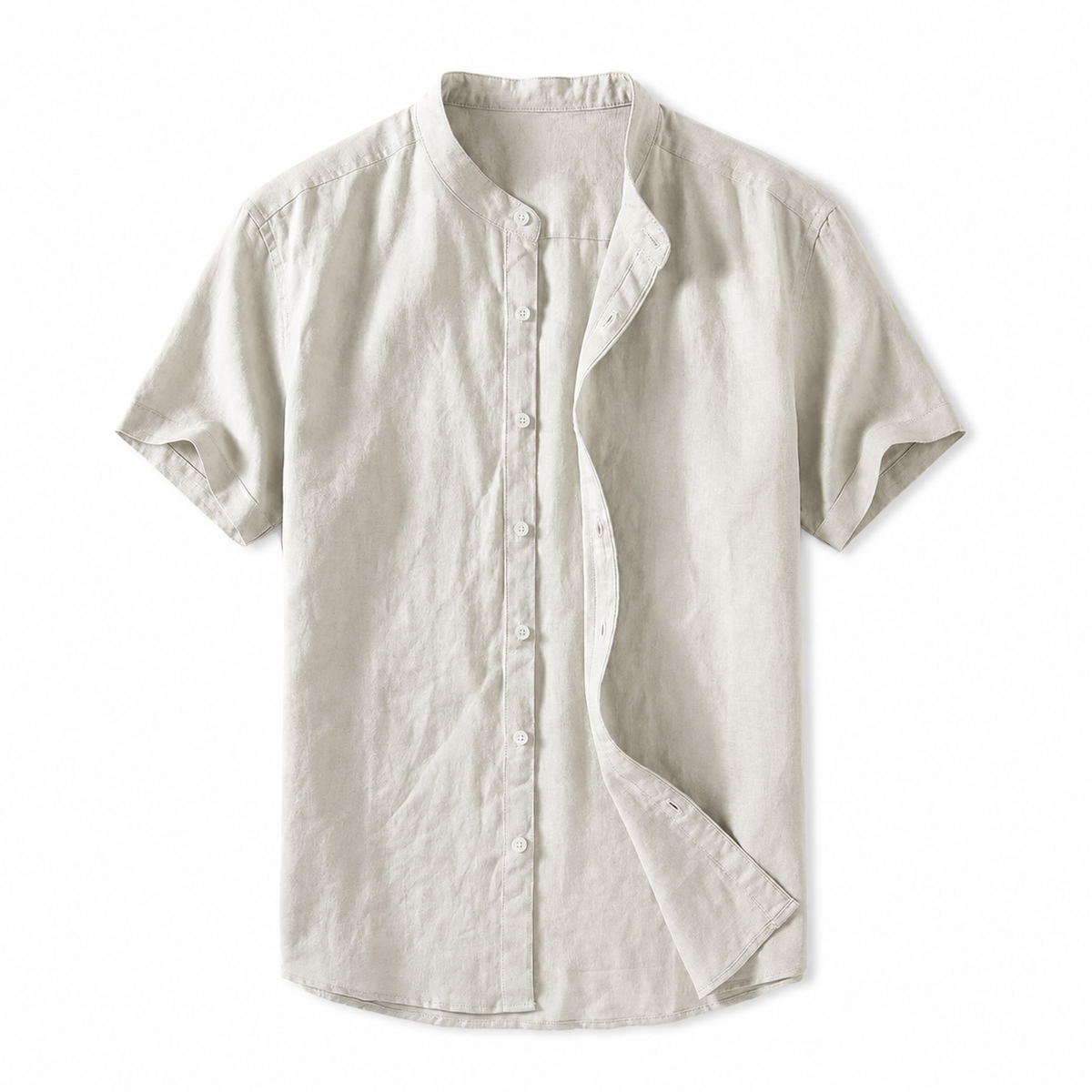 Men's short sleeve Mandarin collar shirt with button front and curved hem