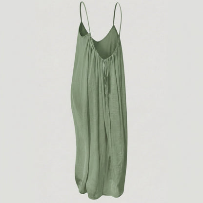 Women's flowing backless maxi dress with V-neckline and spaghetti straps