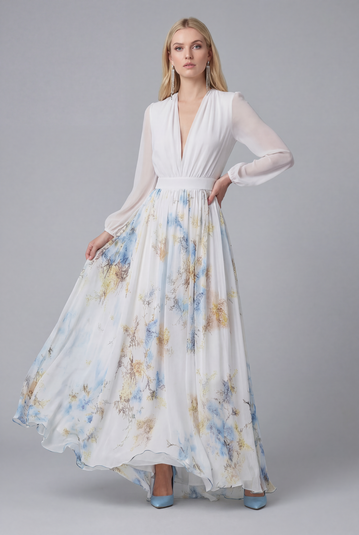 Women's floral maxi dress with draped V-neckline and long sleeves