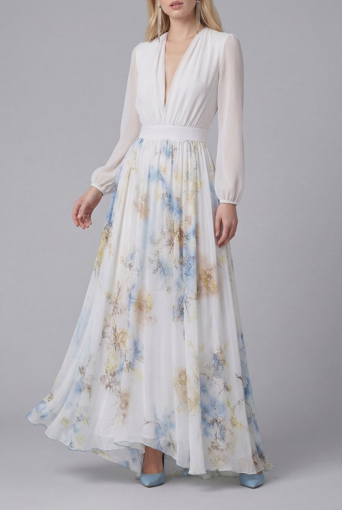 Women's floral maxi dress with draped V-neckline and long sleeves