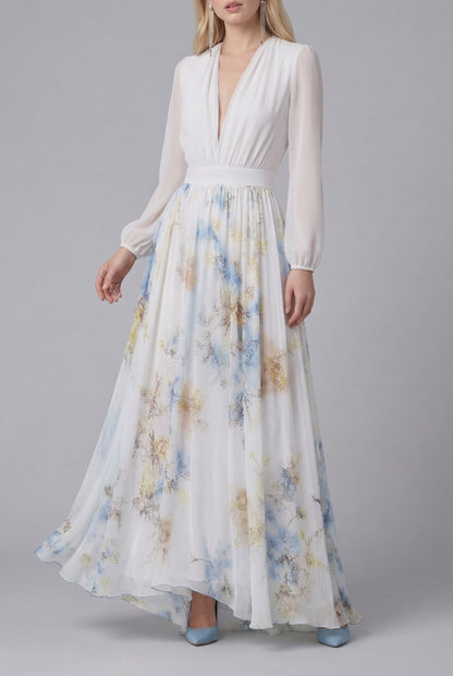 Women's floral maxi dress with draped V-neckline and long sleeves