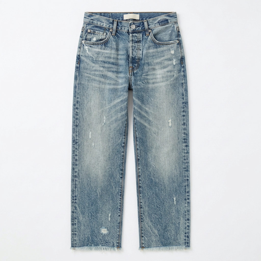 Women's cropped straight leg jeans with faded finish and fringed hems