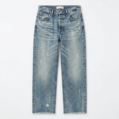 Women's cropped straight leg jeans with faded finish and fringed hems