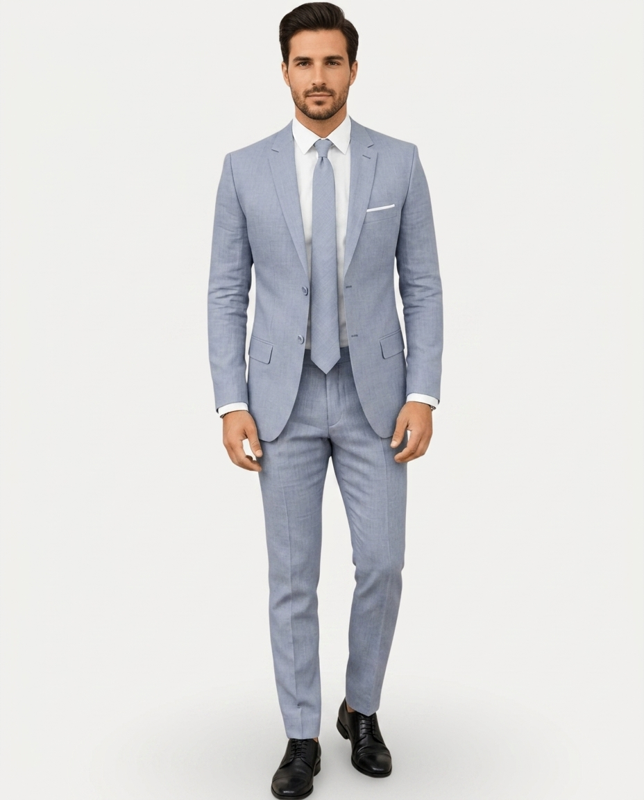 Men's slim fit two-piece suit with notched lapels, two-button jacket and matching trousers