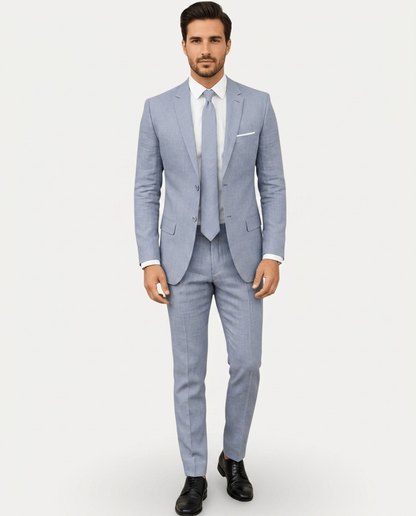 Men's slim fit two-piece suit with notched lapels, two-button jacket and matching trousers