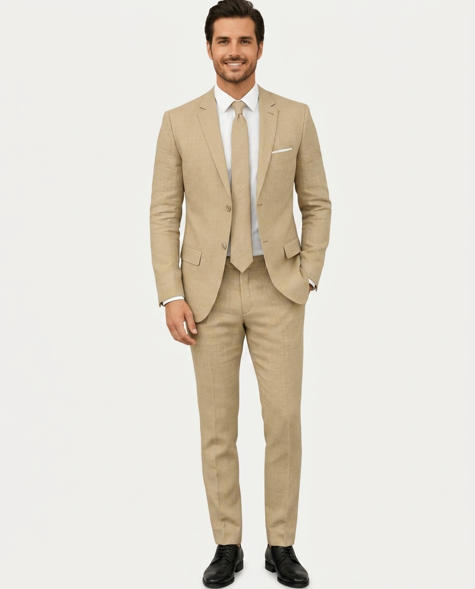 Men's slim fit two-piece suit with notched lapels, two-button jacket and matching trousers