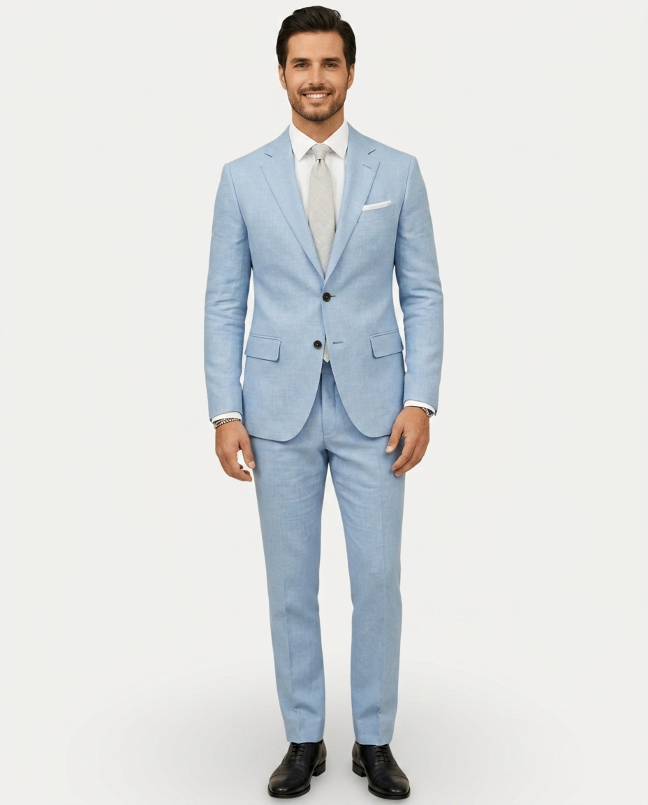 Men's slim fit two-piece suit with notched lapels, two-button jacket and matching trousers