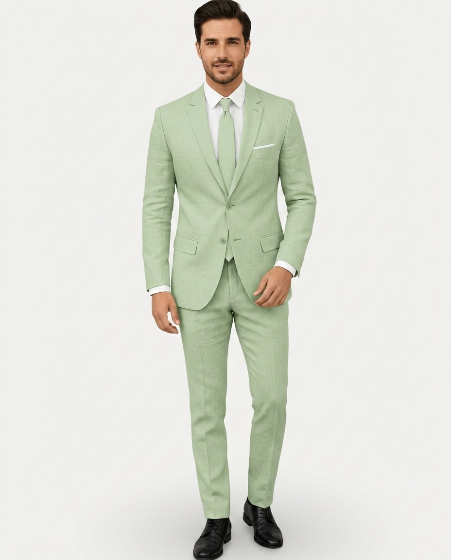 Men's slim fit two-piece suit with notched lapels, two-button jacket and matching trousers