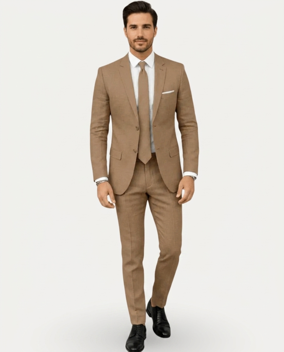 Men's slim fit two-piece suit with notched lapels, two-button jacket and matching trousers
