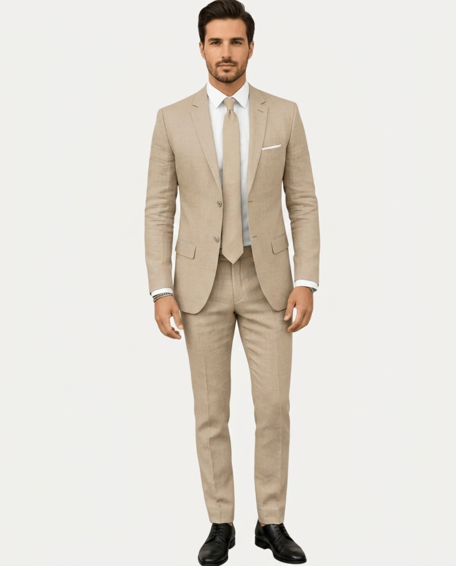 Men's slim fit two-piece suit with notched lapels, two-button jacket and matching trousers