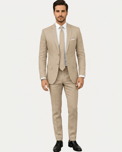Men's slim fit two-piece suit with notched lapels, two-button jacket and matching trousers