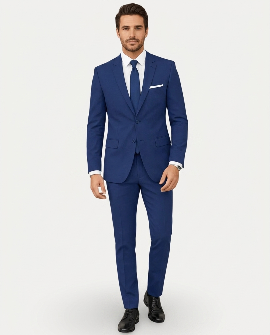 Men's slim fit two-piece suit with notched lapels, two-button jacket and matching trousers