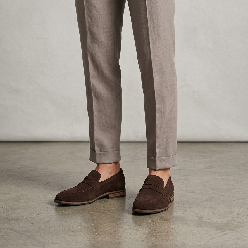 Men's slip-on loafers with penny straps, rounded toes and low heels