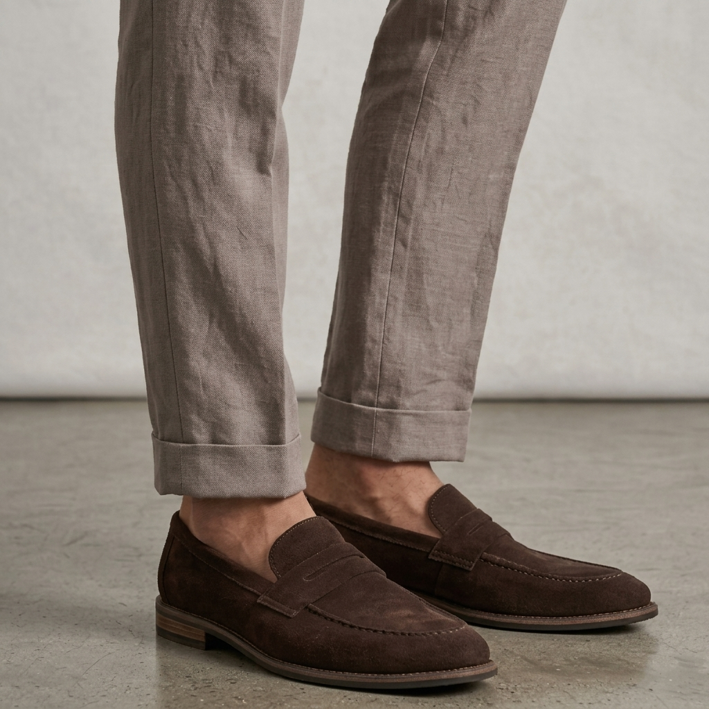 Men's slip-on loafers with penny straps, rounded toes and low heels