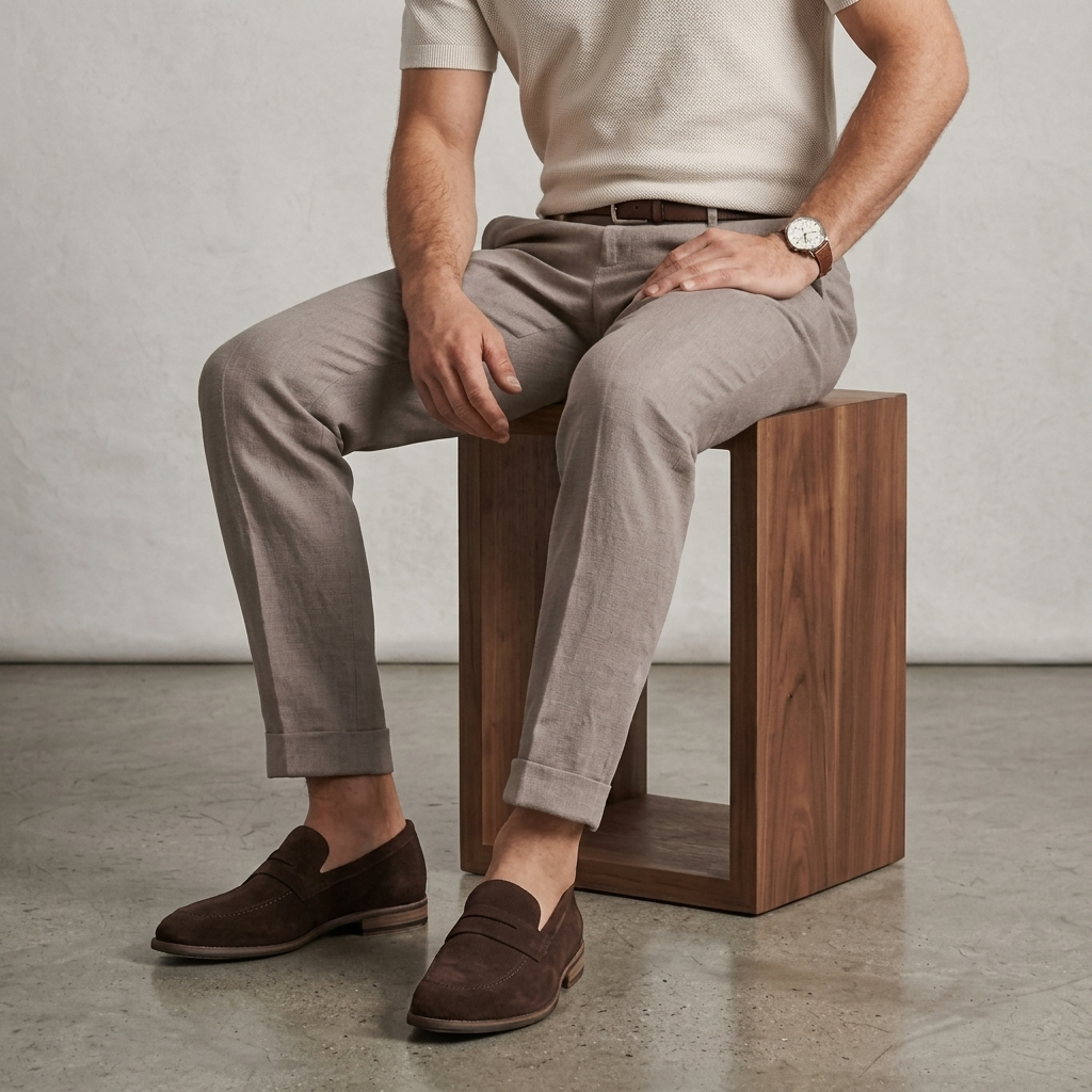 Men's slip-on loafers with penny straps, rounded toes and low heels