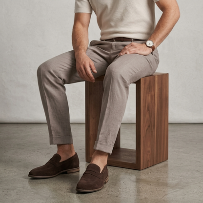 Men's slip-on loafers with penny straps, rounded toes and low heels