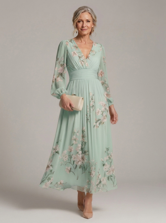 Women's floral wrap midi dress with long sleeves and pleated waist