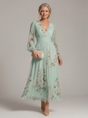 Women's floral wrap midi dress with long sleeves and pleated waist