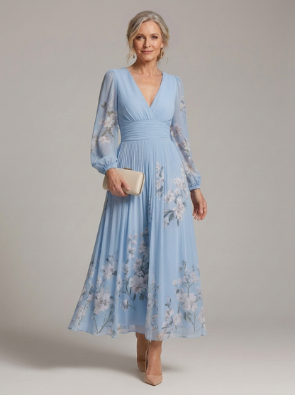 Women's floral wrap midi dress with long sleeves and pleated waist