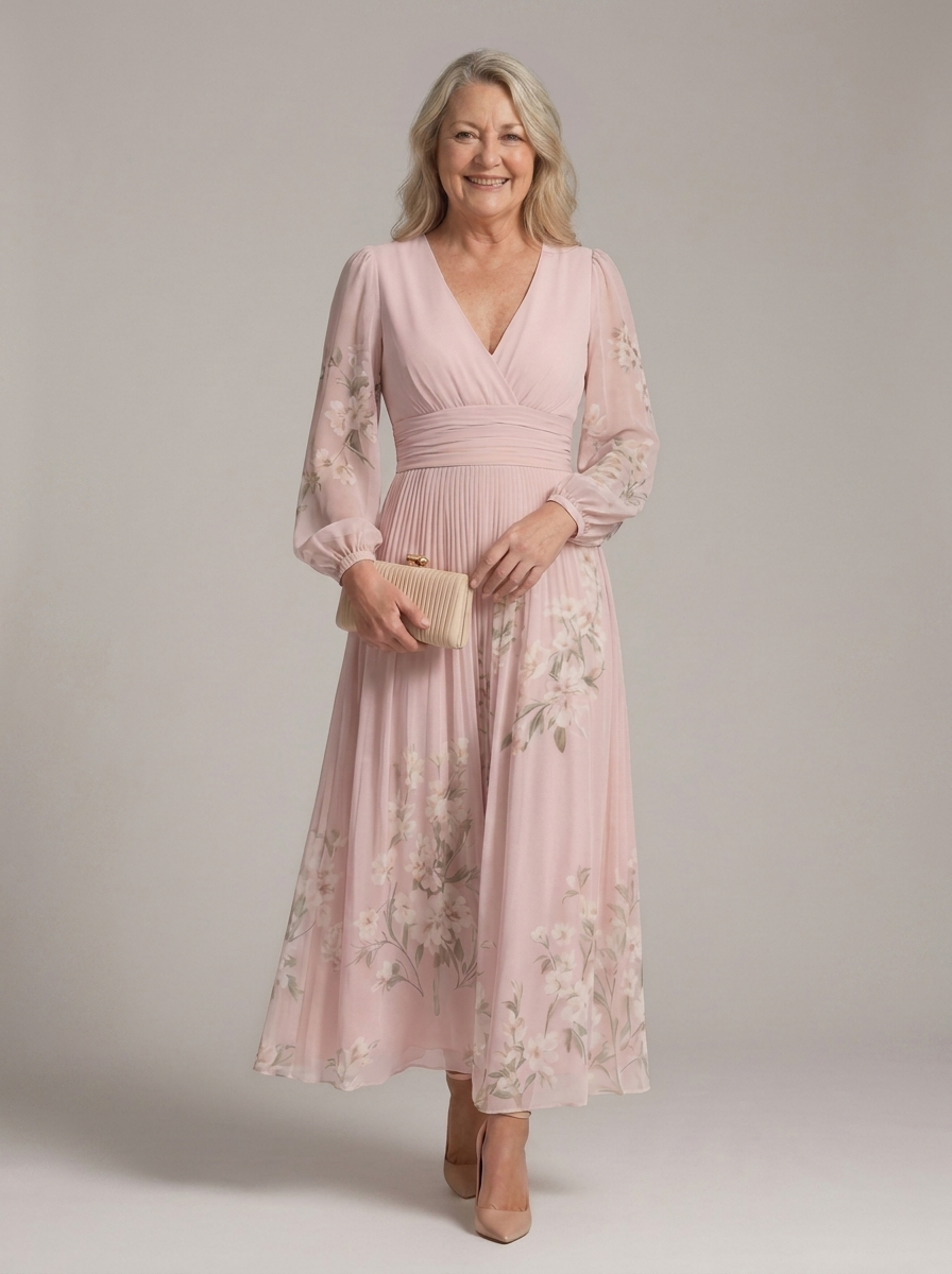 Women's floral wrap midi dress with long sleeves and pleated waist
