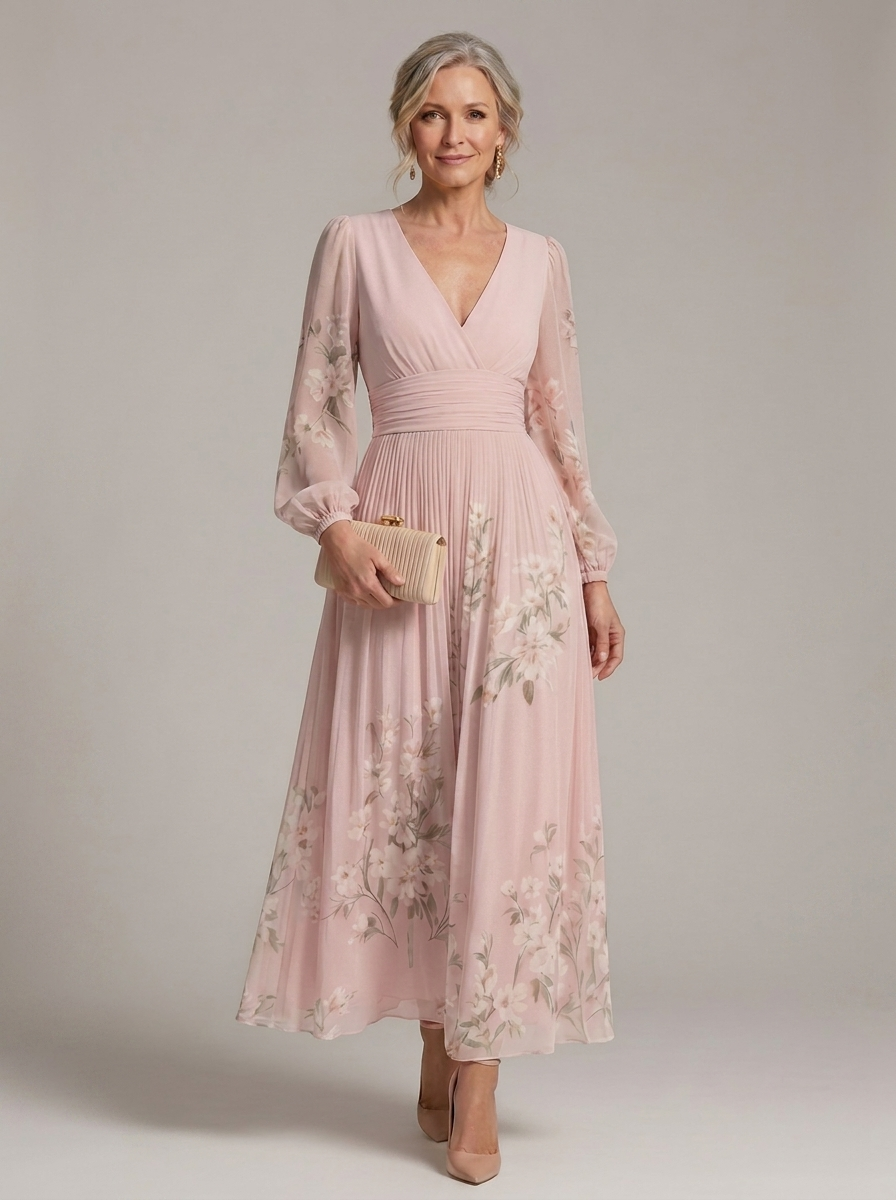 Women's floral wrap midi dress with long sleeves and pleated waist