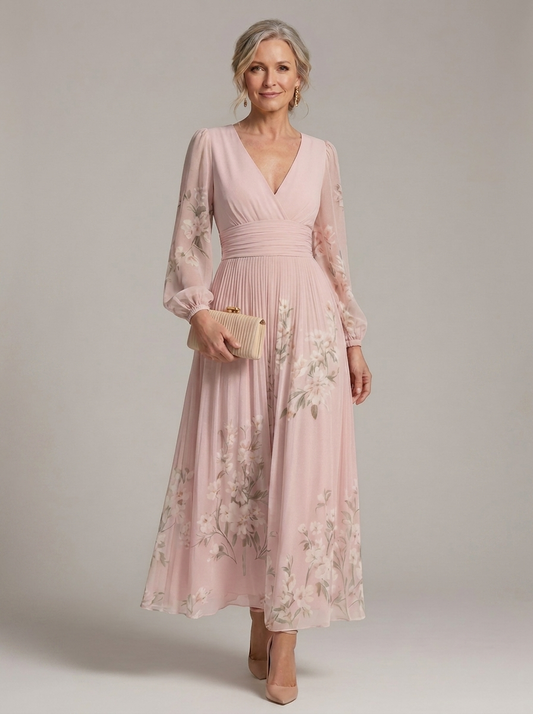 Women's floral wrap midi dress with long sleeves and pleated waist