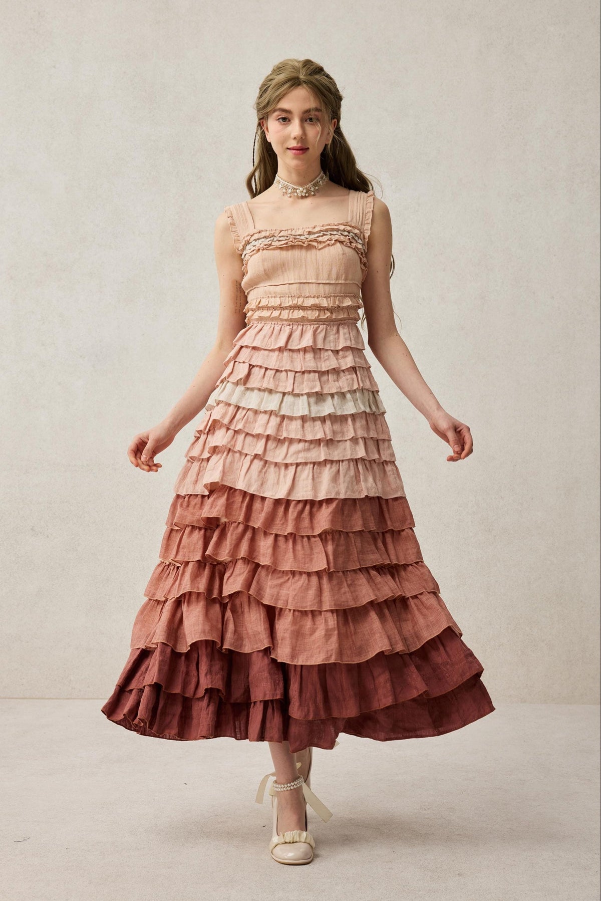 Women's sleeveless tiered ruffle maxi dress with square neckline and graduated pink and purple colouring