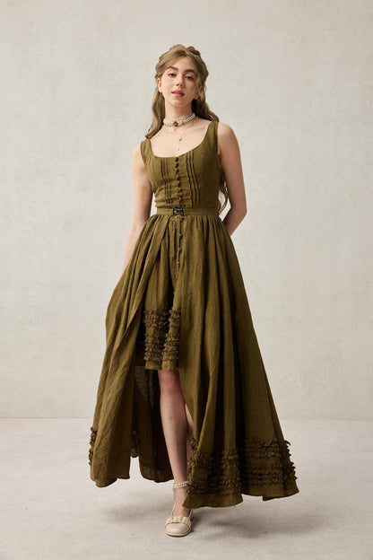Women's sleeveless ruffled two-piece dress and skirt set with square neckline