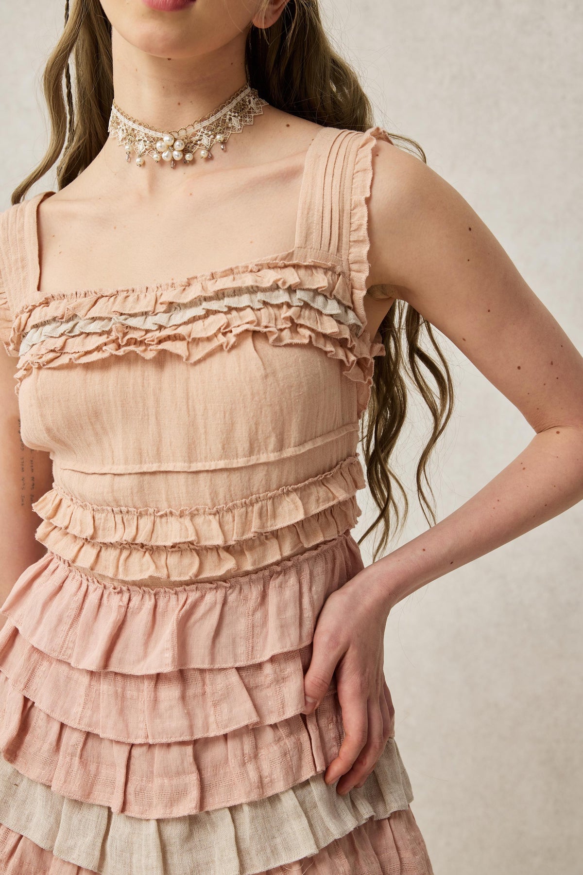 Women's sleeveless tiered ruffle maxi dress with square neckline and graduated pink and purple colouring